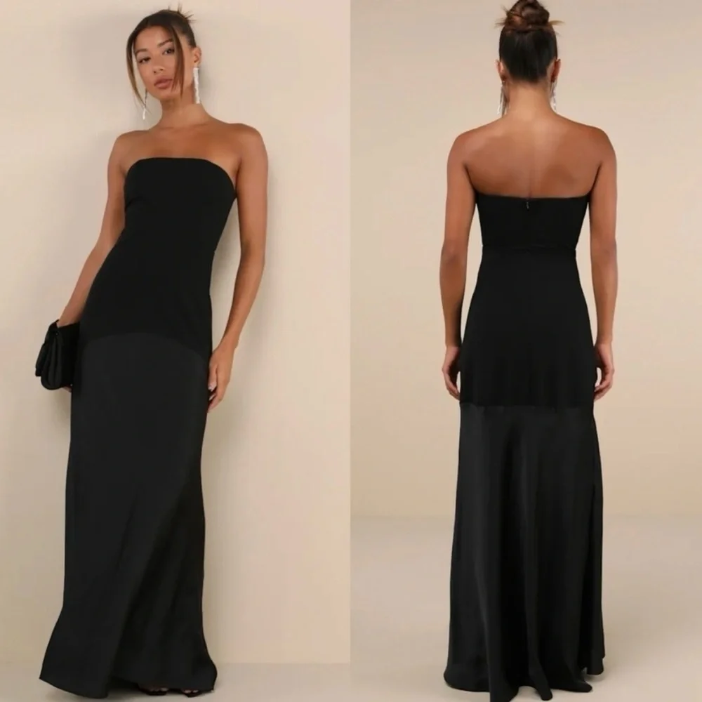 NWT - Lulus Compelling Elaris Mixed Media Black Strapless A-Line Maxi Dress - Picture 1 of 9
